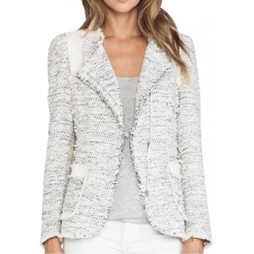 Rebecca Taylor Women’s Tweed Blazer Jacket Colorblock in Navy Cream Size 0